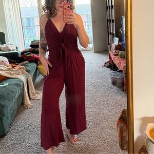 Anthropologie Burgundy V‑Neck Front‑Tie Wide‑Leg Jumpsuit